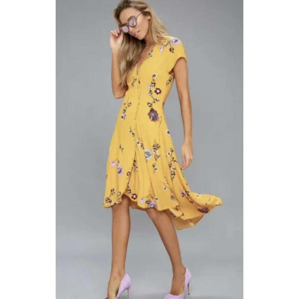 Free People Midi Dress Lost In You Golden Yellow Floral Boho Hi Low